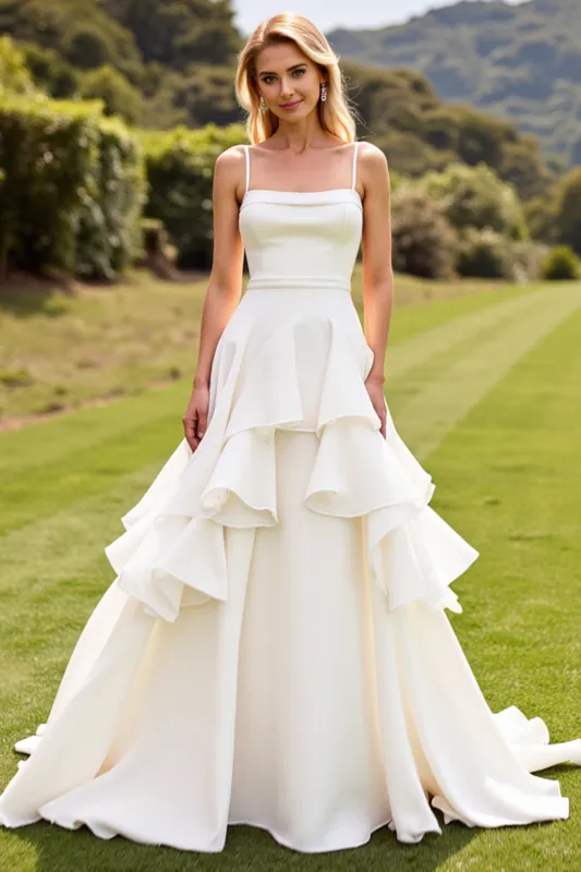 Ivory Ruffled A Line Sleeveless Long Wedding Dress sold by Zapaka