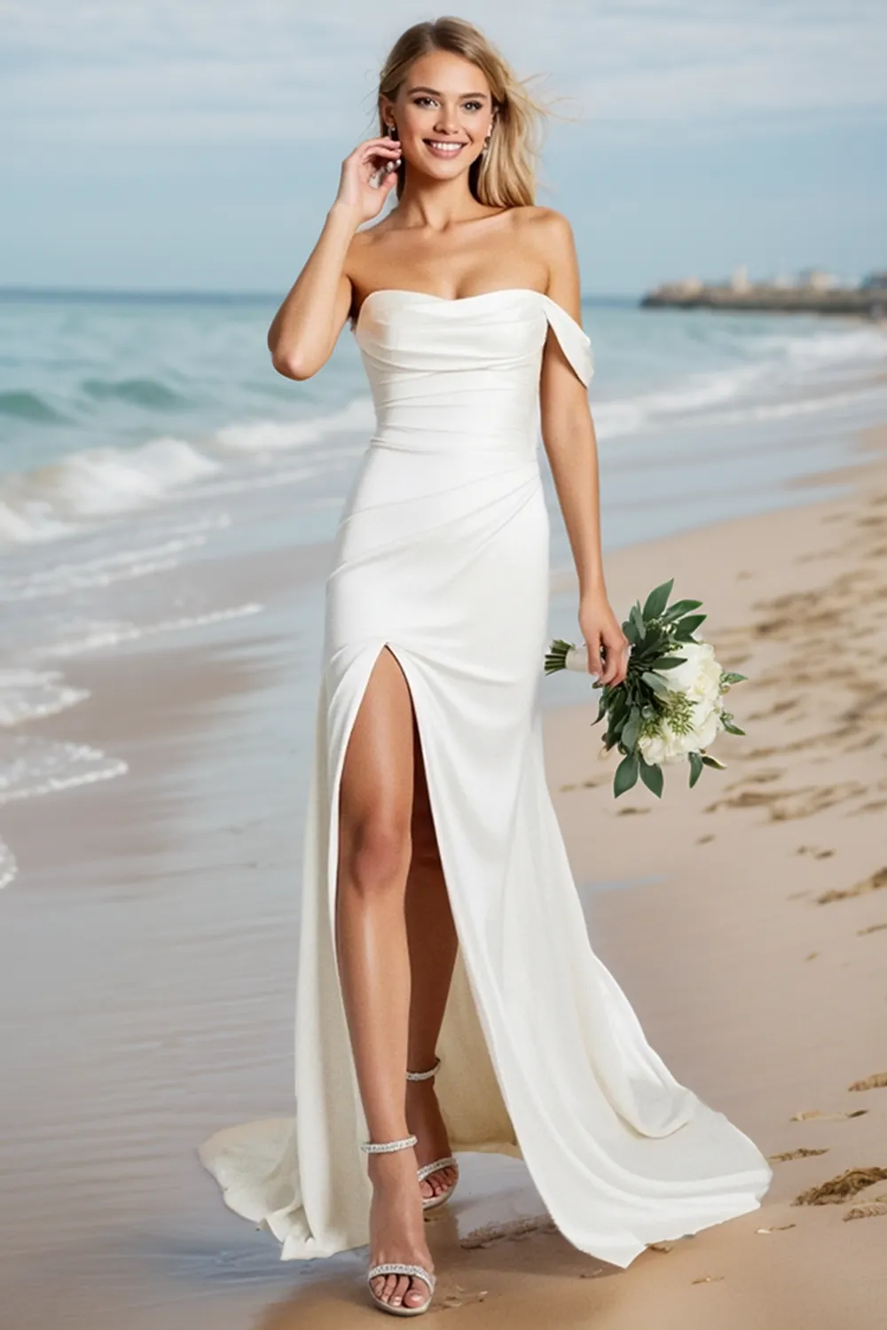 White Mermaid One Shoulder Wedding Dress with Slit sold by Zapaka