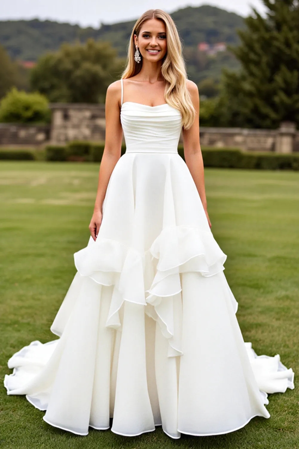 Ruffled A Line Ivory Sleeveless Long Wedding Dress sold by Zapaka