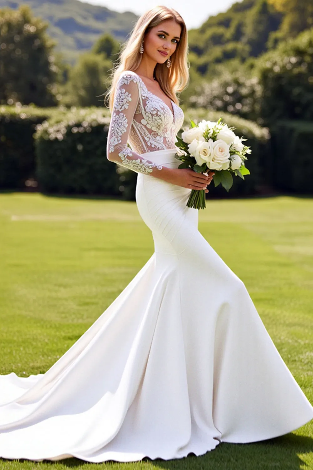Ivory Lace Long Sleeves Mermaid Wedding Dress with Slit sold by Zapaka product image thumbnail 2
