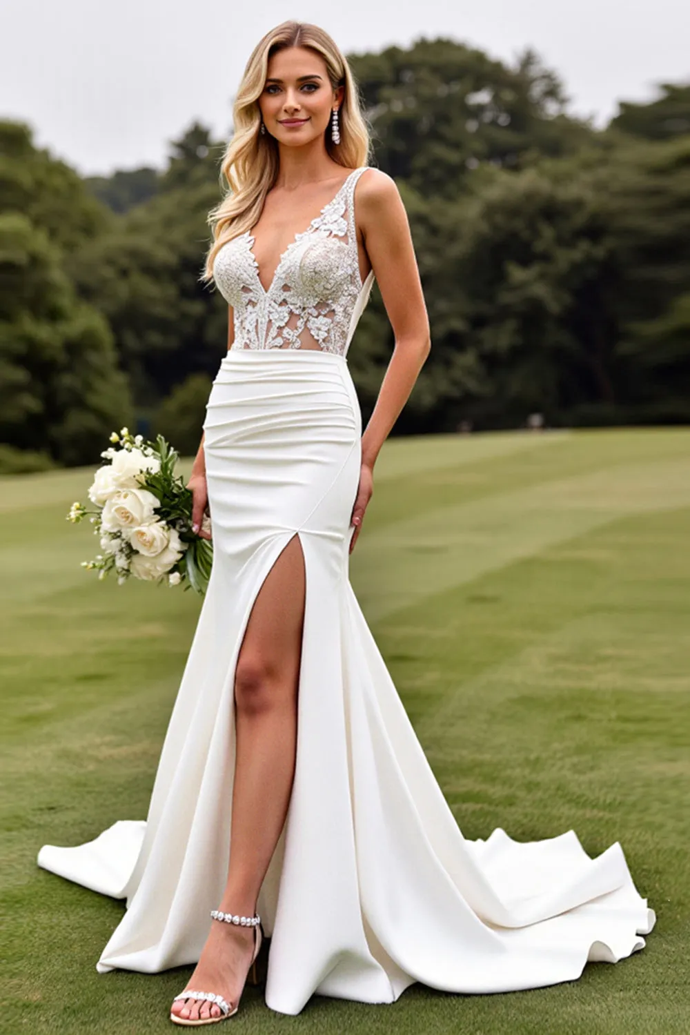 Delicate Lace Ivory Mermaid V Neck Wedding Dress with Slit sold by Zapaka product image thumbnail 3