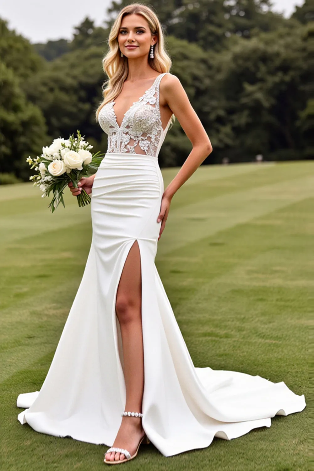 Delicate Lace Ivory Mermaid V Neck Wedding Dress with Slit sold by Zapaka