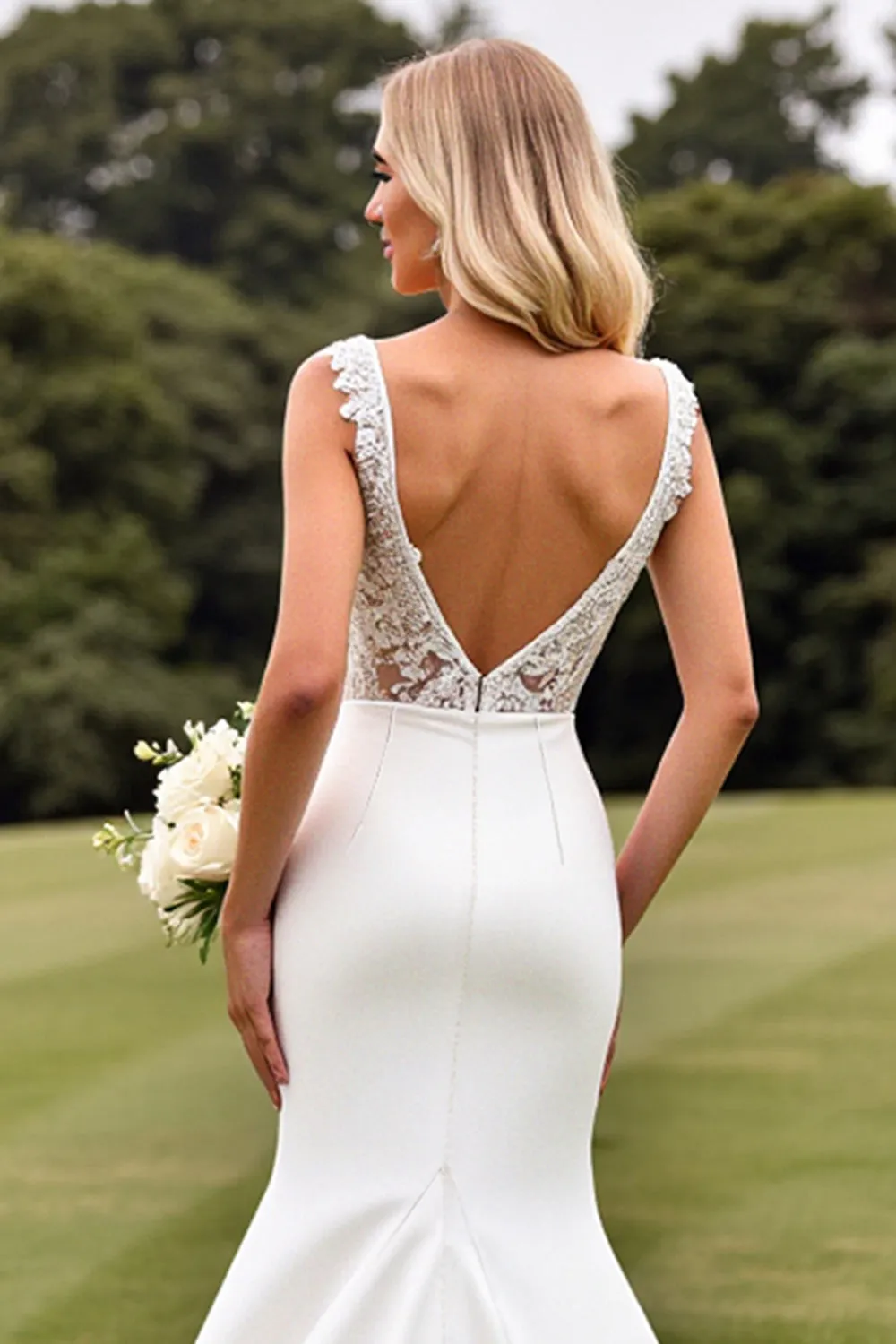 Delicate Lace Ivory Mermaid V Neck Wedding Dress with Slit sold by Zapaka product image thumbnail 5