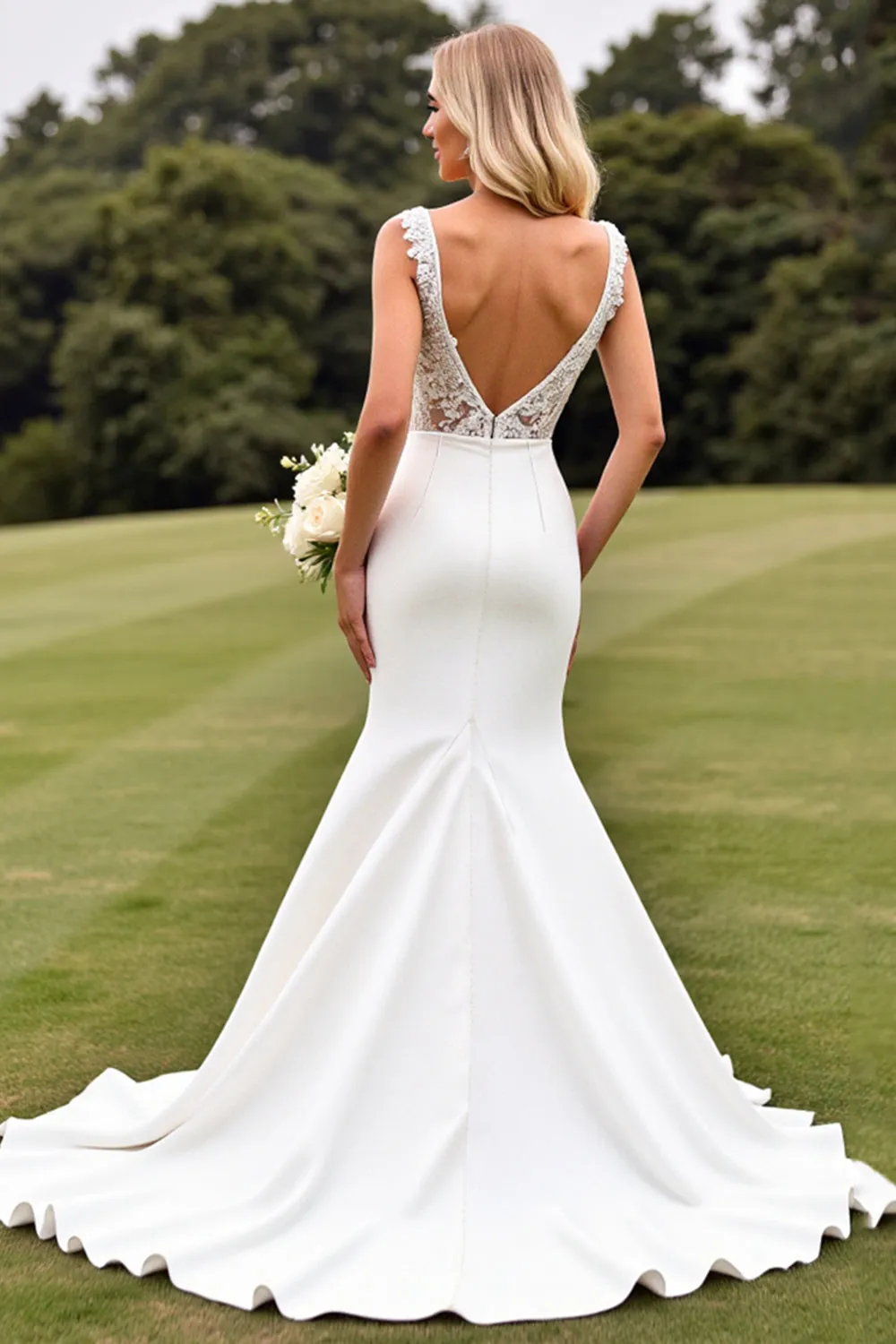 Delicate Lace Ivory Mermaid V Neck Wedding Dress with Slit sold by Zapaka product image thumbnail 2