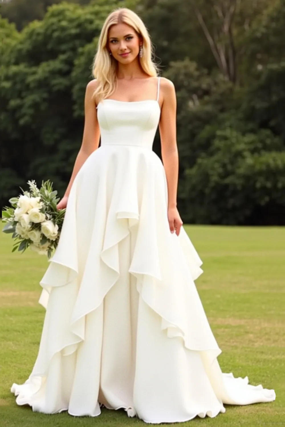 A Line Ruffled Ivory Spaghetti Straps Wedding Dress sold by Zapaka