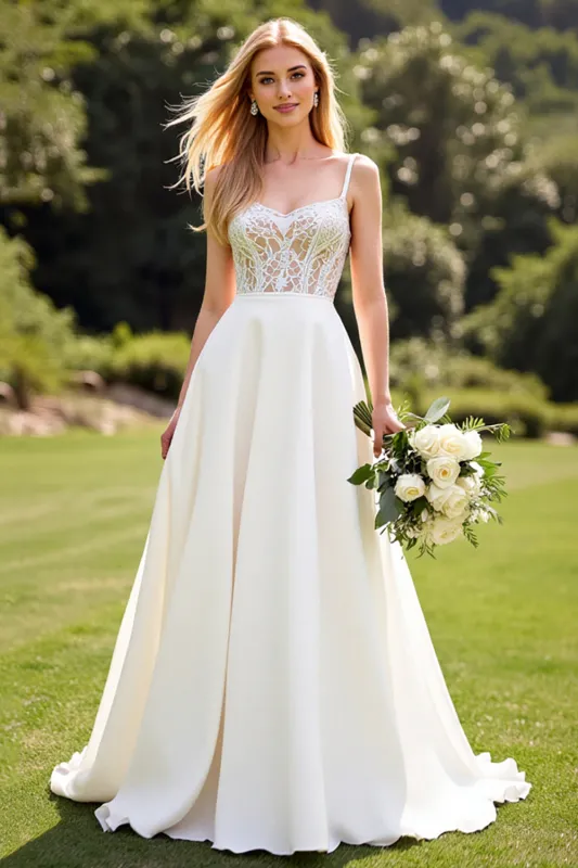Lace Ivory A Line Spaghetti Straps Wedding Dress sold by Zapaka