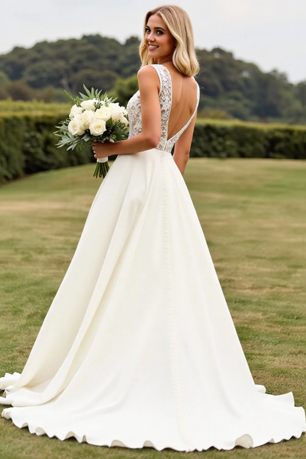 Ivory A Line Lace V Neck Wedding Dress with Slit sold by Zapaka product image thumbnail 3