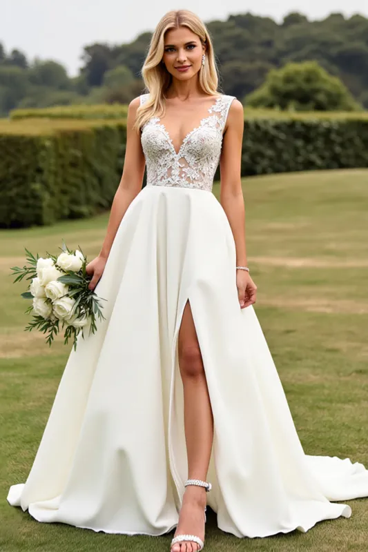 Ivory A Line Lace V Neck Wedding Dress with Slit sold by Zapaka
