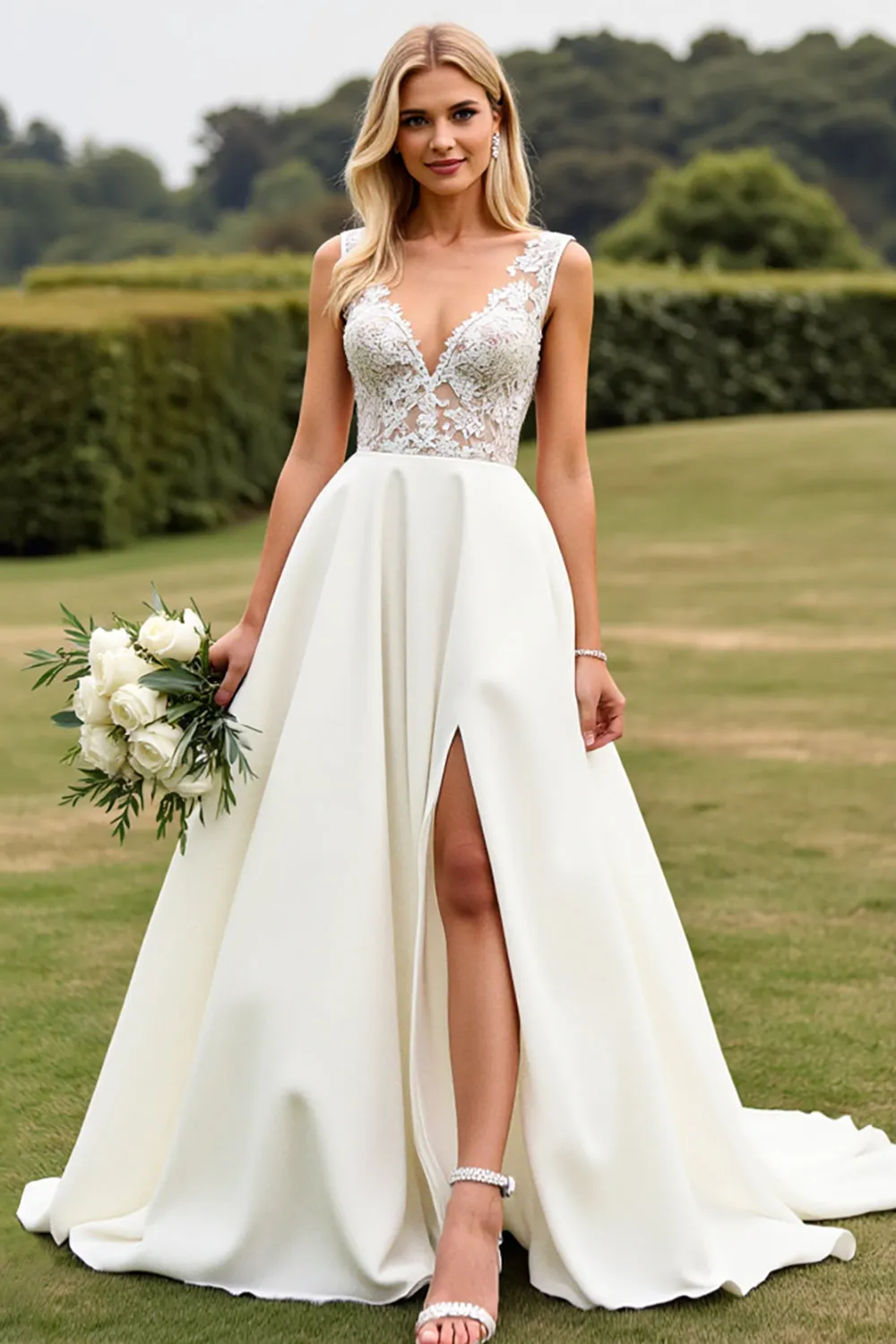 Ivory A Line Lace V Neck Wedding Dress with Slit sold by Zapaka