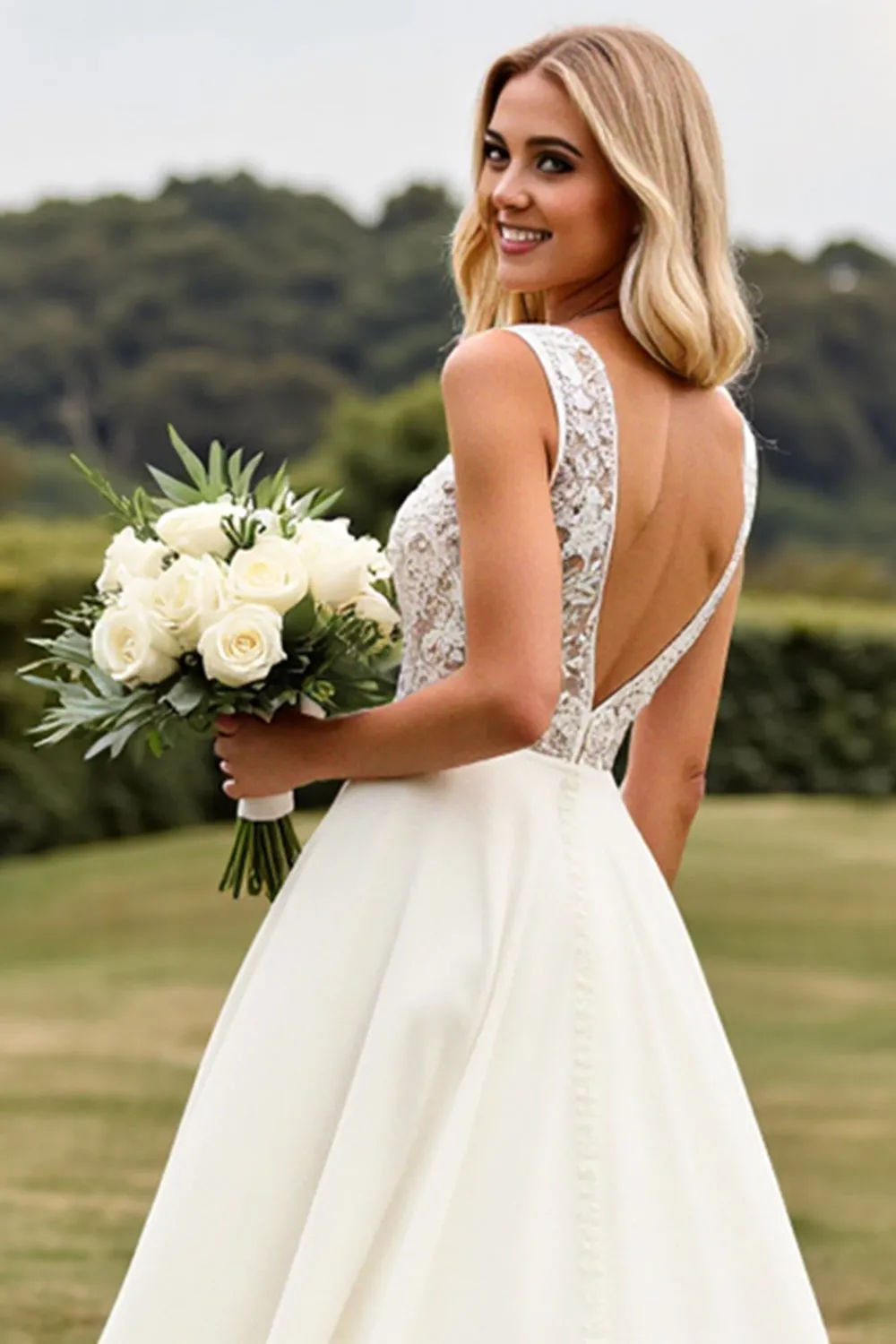 Ivory A Line Lace V Neck Wedding Dress with Slit sold by Zapaka product image thumbnail 5