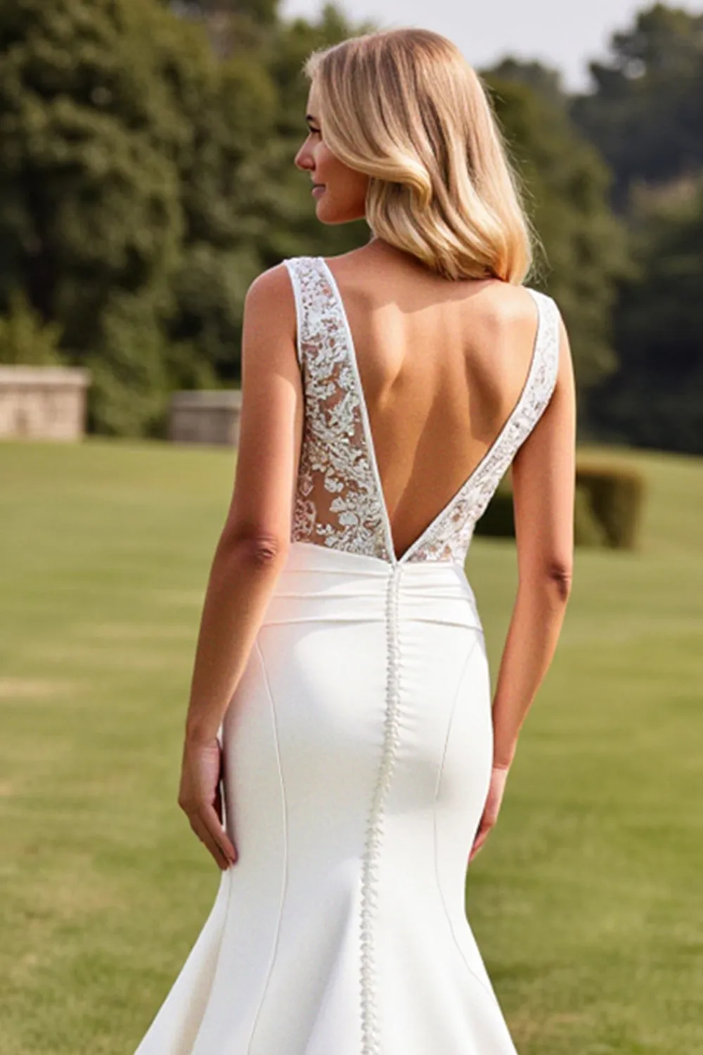 Mermaid Lace V Neck Ivory Long Wedding Dress sold by Zapaka product image thumbnail 4