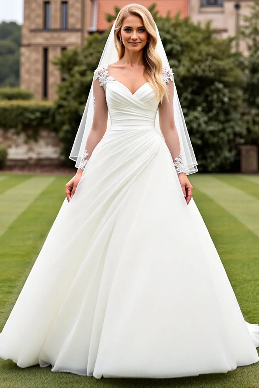 Classic Ivory Ruched A Line Long Sleeves Wedding Dress sold by Zapaka product image thumbnail 3
