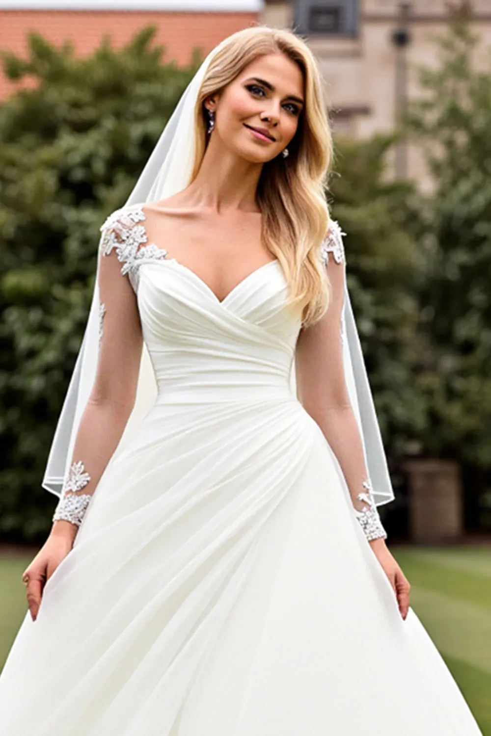 Classic Ivory Ruched A Line Long Sleeves Wedding Dress sold by Zapaka product image thumbnail 4