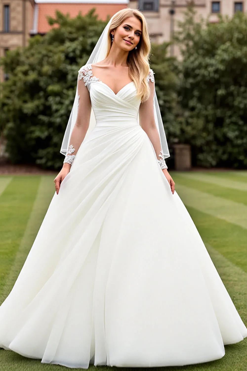 Classic Ivory Ruched A Line Long Sleeves Wedding Dress sold by Zapaka