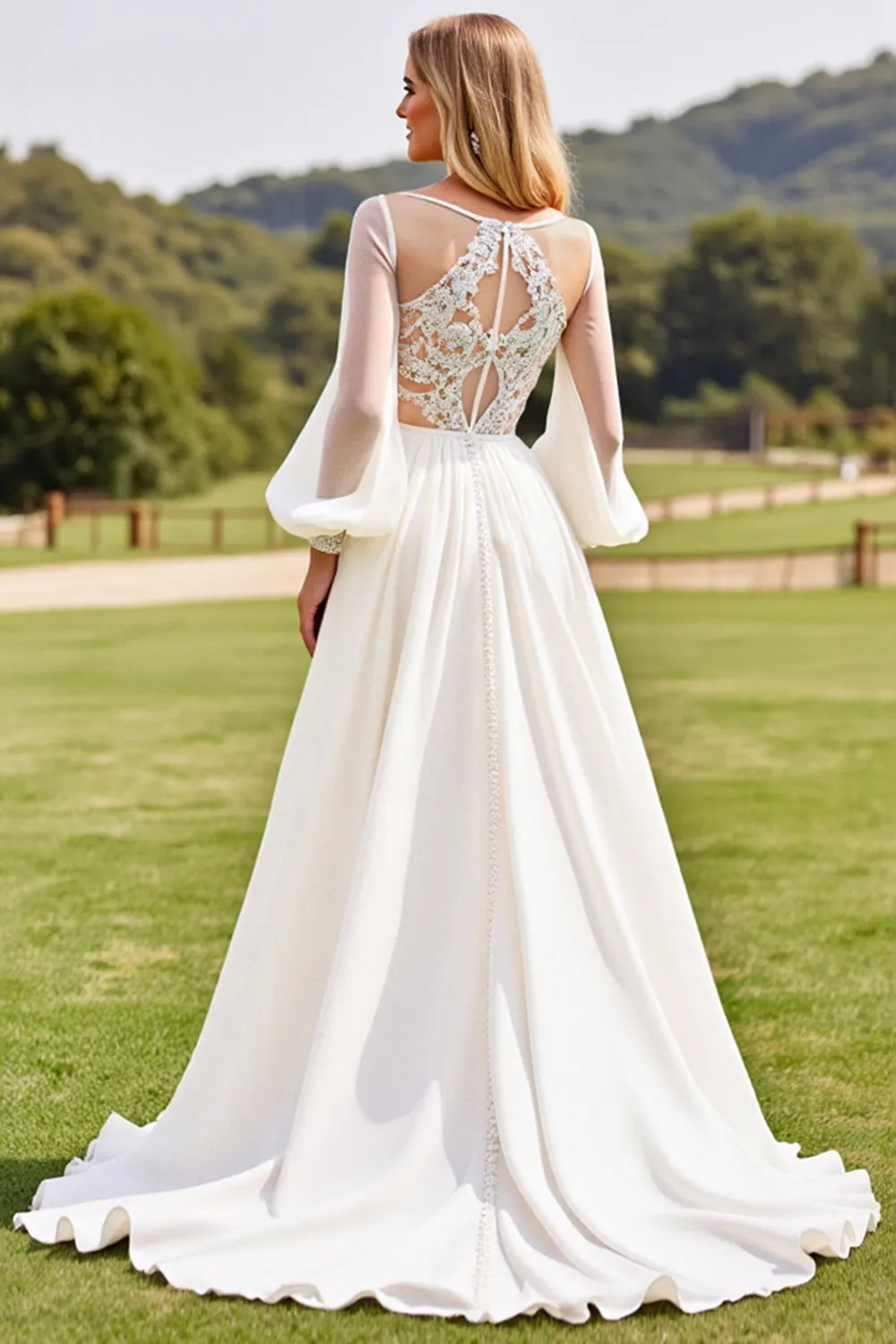 Ivory Long Sleeves Lace Wedding Dress with Appliques sold by Zapaka product image thumbnail 2