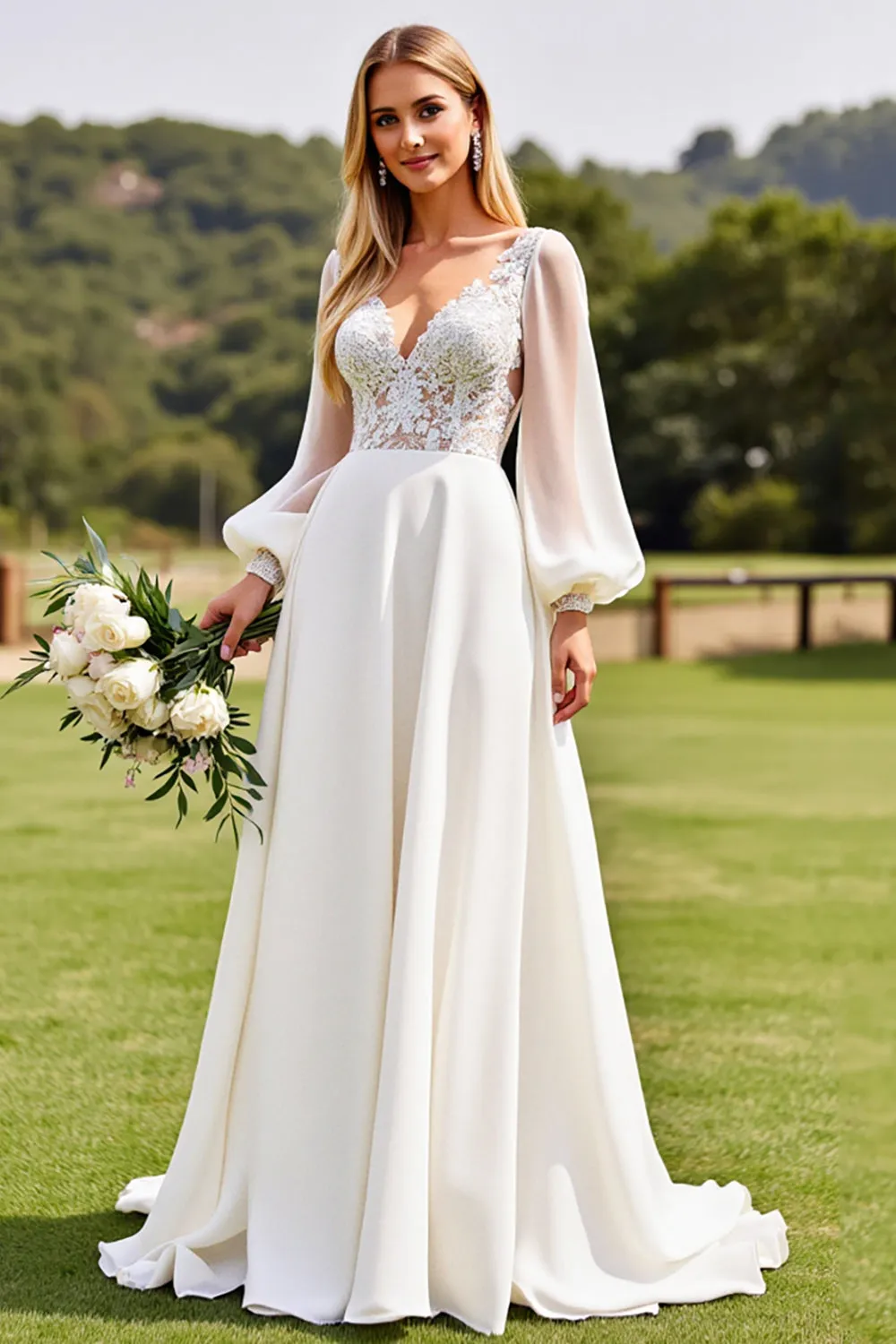 Ivory Long Sleeves Lace Wedding Dress with Appliques sold by Zapaka