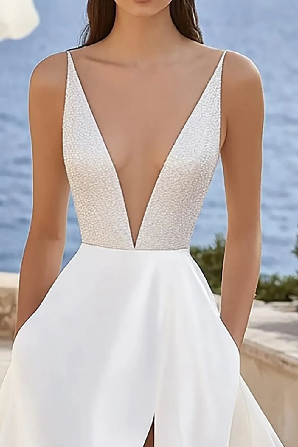 Deep V Neck Iovry Sequins A Line Wedding Dress with Slit sold by Zapaka product image thumbnail 2