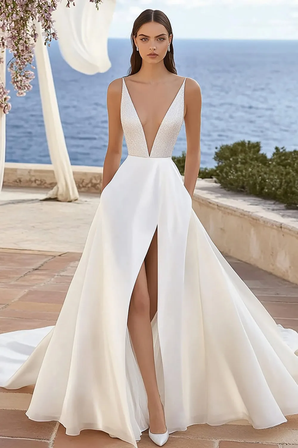 Deep V Neck Iovry Sequins A Line Wedding Dress with Slit sold by Zapaka