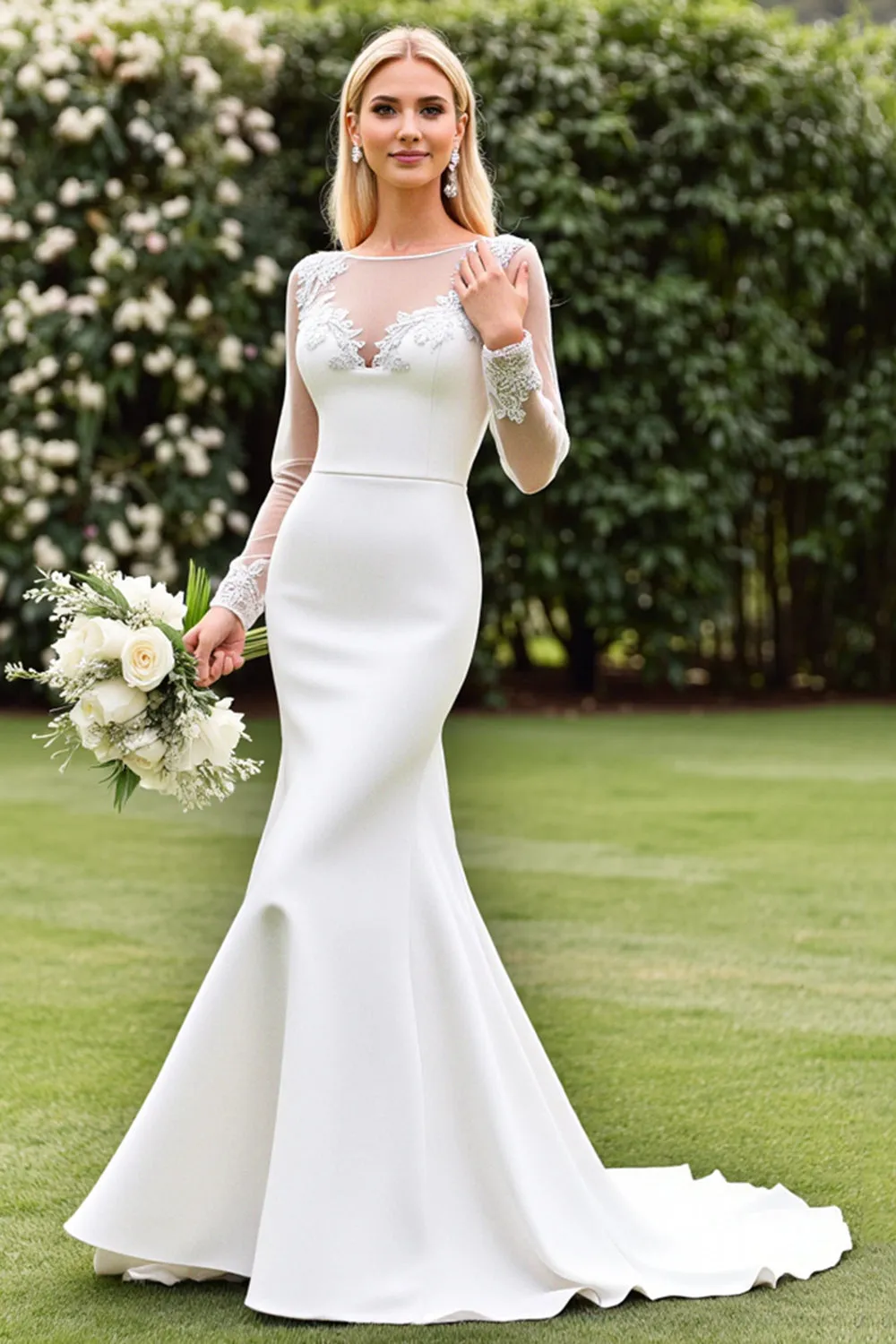 Lace Satin Ivory Mermaid Wedding Dress with Illusion Long Sleeves sold by Zapaka