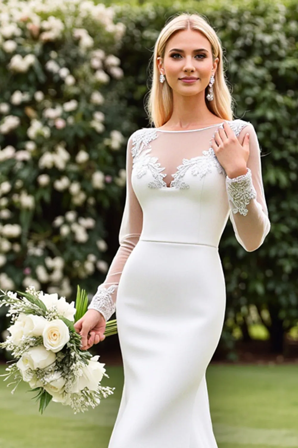 Lace Satin Ivory Mermaid Wedding Dress with Illusion Long Sleeves sold by Zapaka product image thumbnail 2