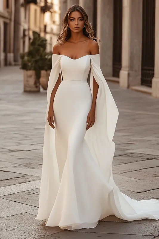 Ivory Off the Shoulder Mermaid Wedding Dress with Cape Sleeves sold by Zapaka