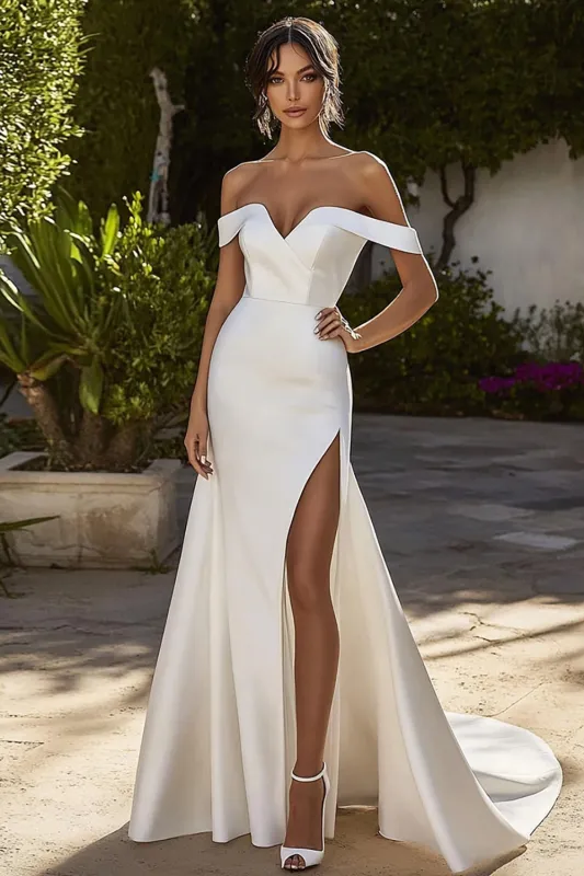 Ivory Off the Shoulder Mermaid Satin Wedding Dress with Slit sold by Zapaka