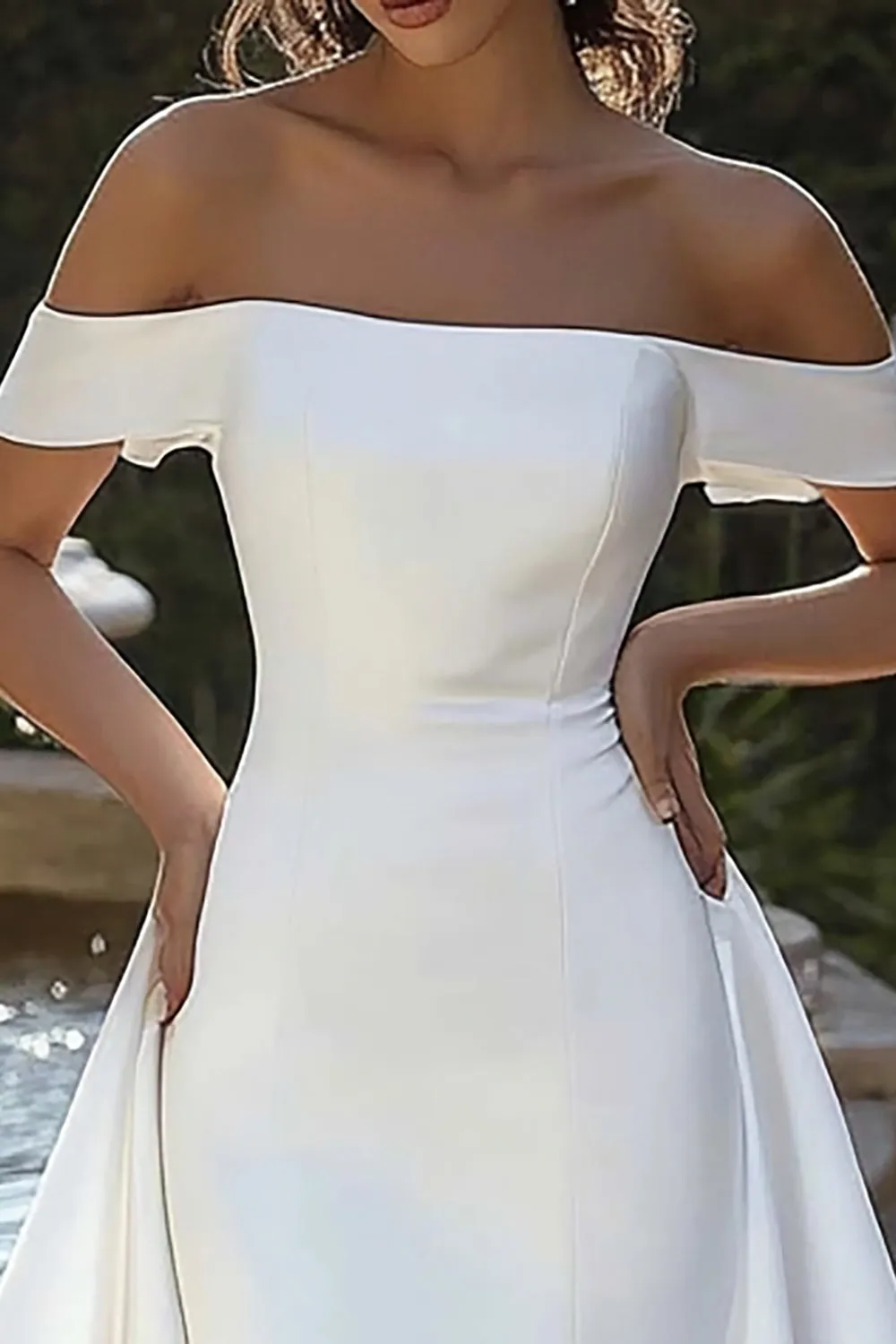 Ivory Off the Shoulder High-Low Wedding Dress with Draped Train sold by Zapaka product image thumbnail 2