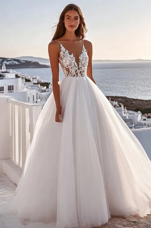 Spaghetti Straps A Line Lace Ivory Tulle Pleated Wedding Dress sold by Zapaka