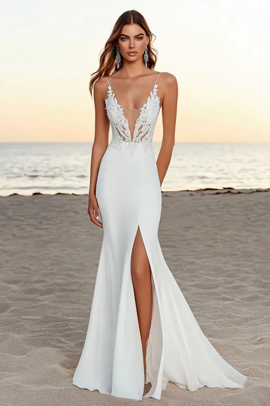 lvory Mermaid Spaghetti Straps Lace Long Wedding Dress sold by Zapaka