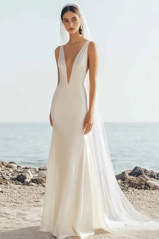 Simple Mermaid lvory Spaghetti Straps Long Wedding Dress sold by Zapaka