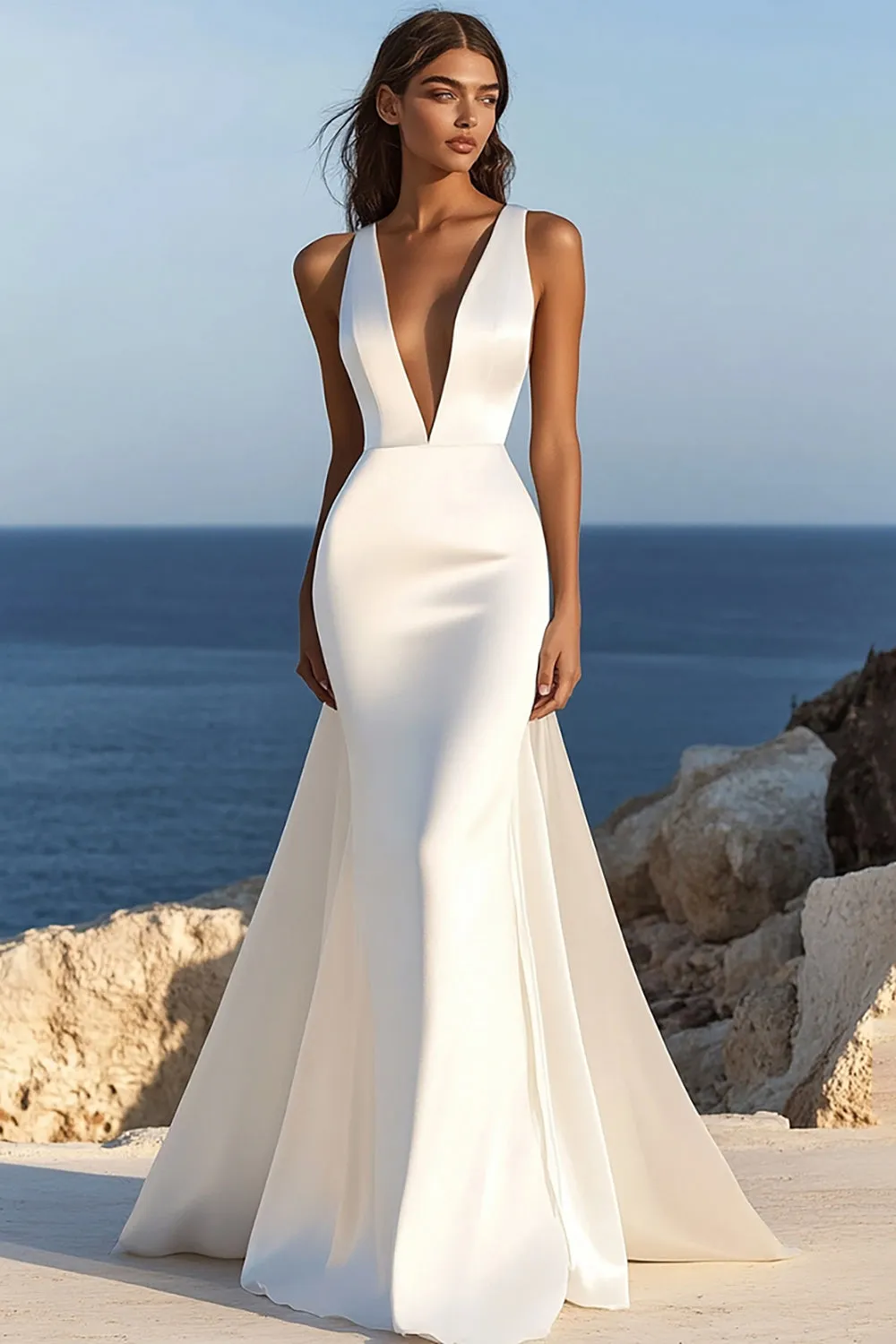 Simple Mermaid Spaghetti Straps lvory Long Wedding Dress sold by Zapaka
