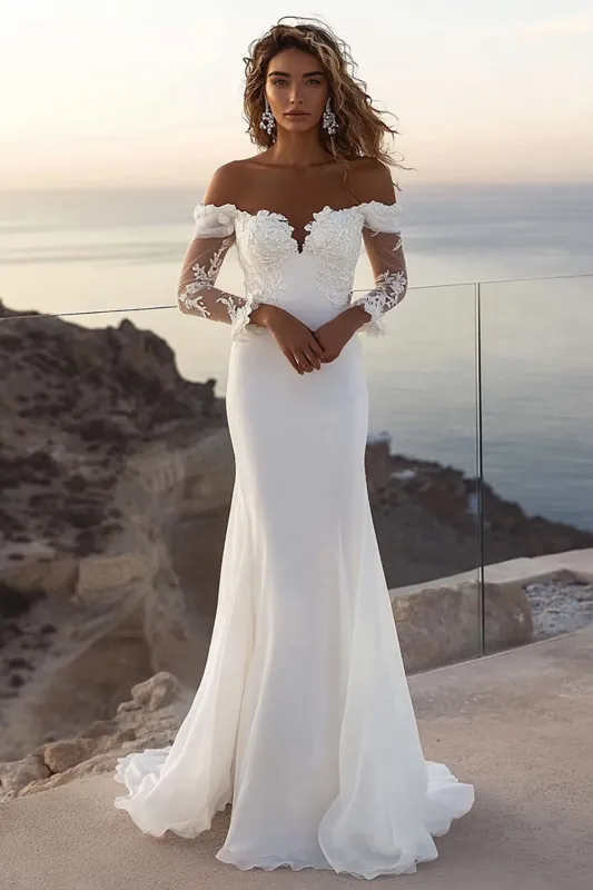 Mermaid Off The Shoulder lvory Lace Long Wedding Dress sold by Zapaka