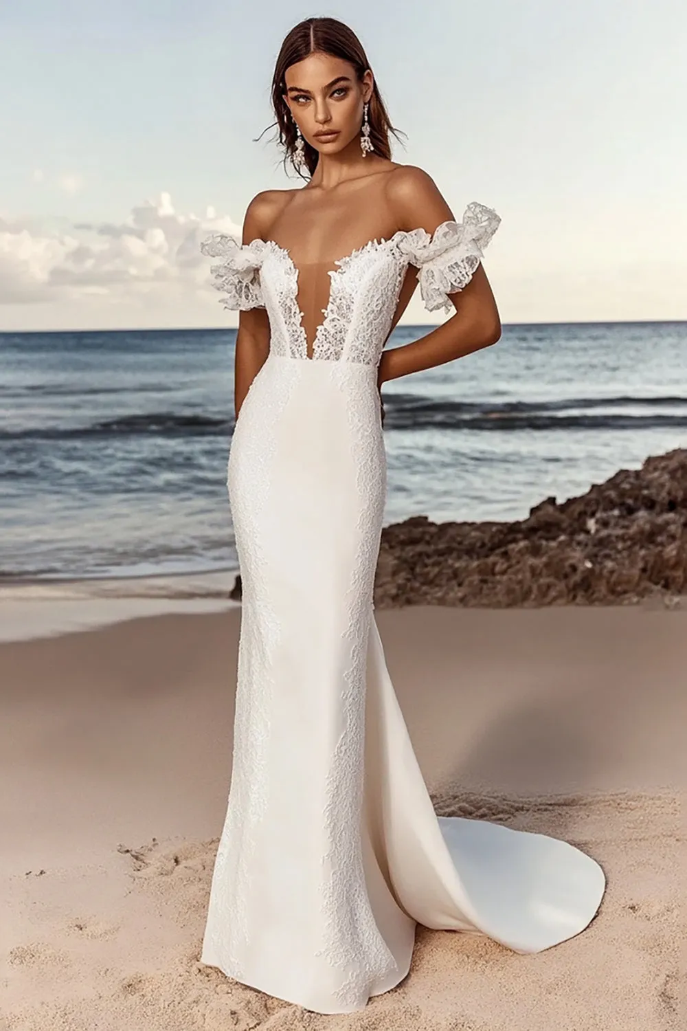 Off The Shoulder Mermaid Lace lvory Long Wedding Dress sold by Zapaka