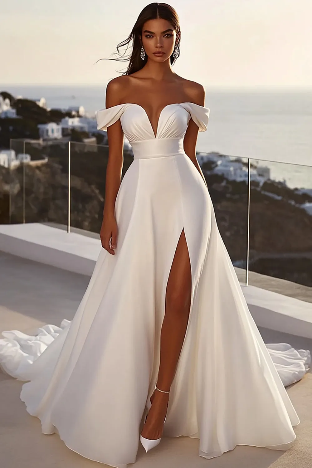 lvory A Line Off The Shoulder Long Wedding Dress With Slit sold by Zapaka