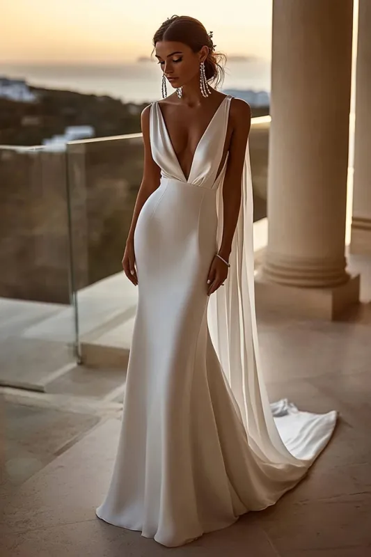 Mermaid Spaghetti Straps lvory Satin Long Wedding Dress sold by Zapaka