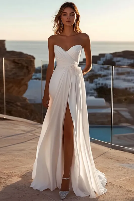 A Line lvory Strapless Pleated Wedding Dress With Slit sold by Zapaka