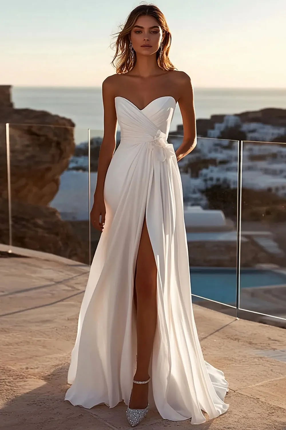 A Line lvory Strapless Pleated Wedding Dress With Slit sold by Zapaka