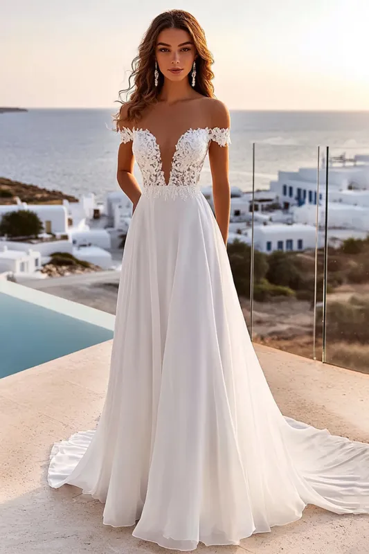 A Line lvory Off The Shoulder Pleated Long Wedding Dress sold by Zapaka