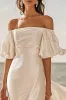 A Line lvory Off The Shoulder Pleated Satin Long Wedding Dress sold by Zapaka