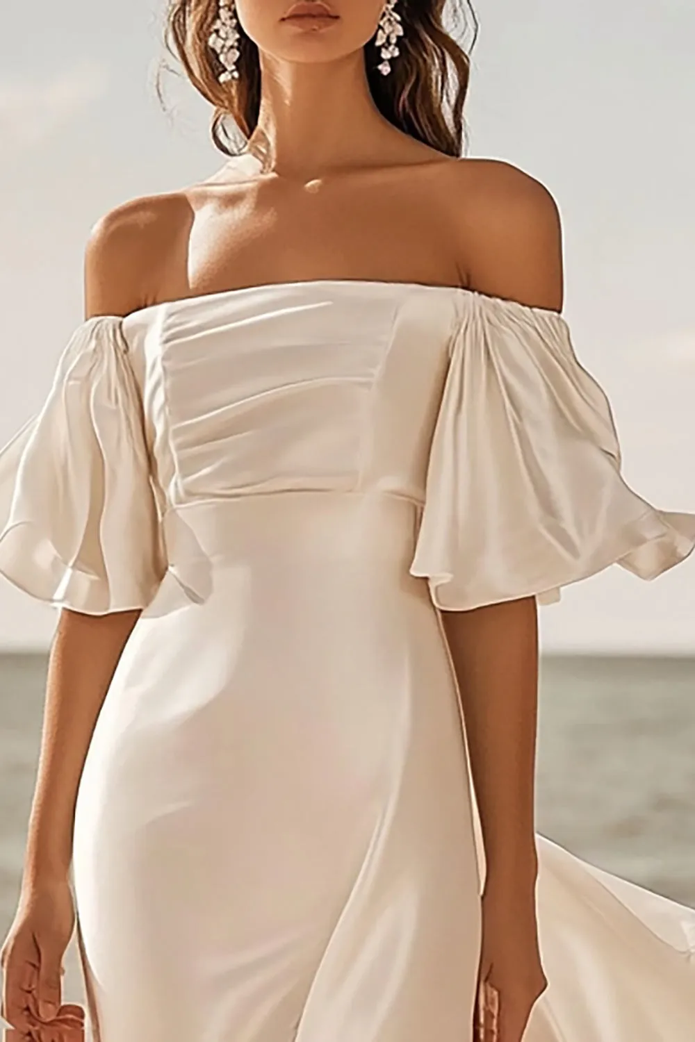 A Line lvory Off The Shoulder Pleated Satin Long Wedding Dress sold by Zapaka product image thumbnail 2