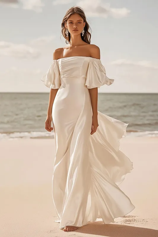 A Line lvory Off The Shoulder Pleated Satin Long Wedding Dress sold by Zapaka