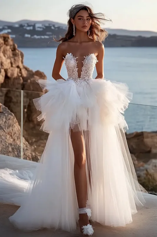 A Line Strapless lvory Pleated Wedding Dress With Slit sold by Zapaka