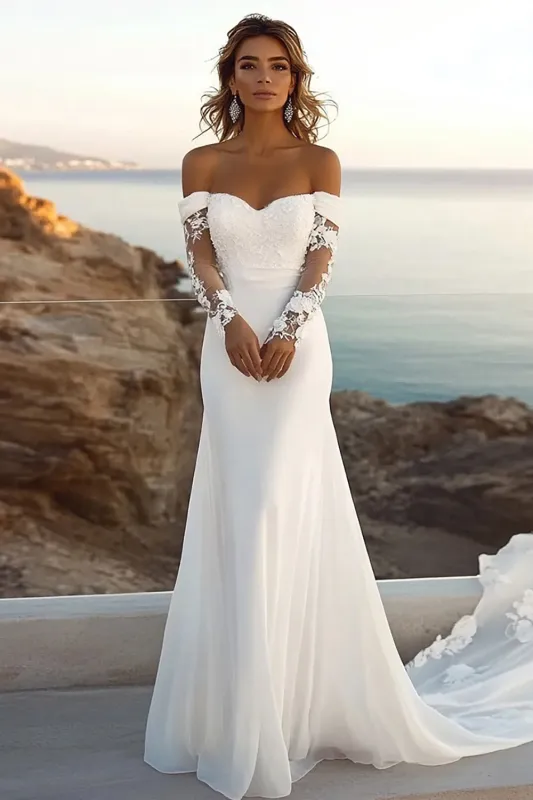 lvory Mermaid Off The Shoulder Lace Long Wedding Dress sold by Zapaka