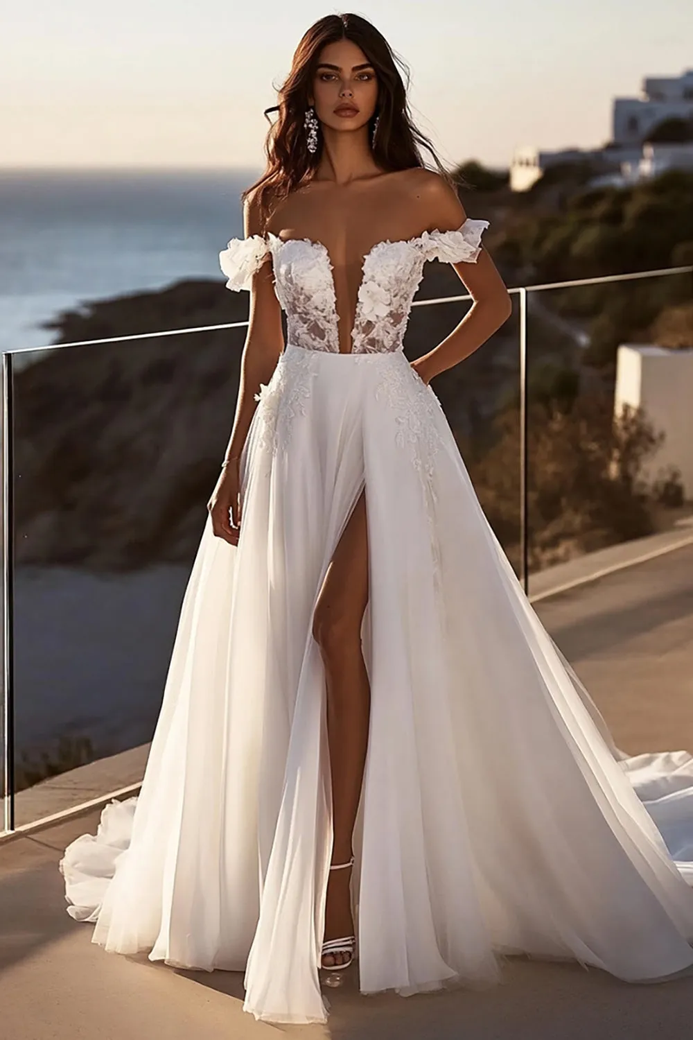 lvory A Line Off The Shoulder Long Wedding Dress With Slit sold by Zapaka