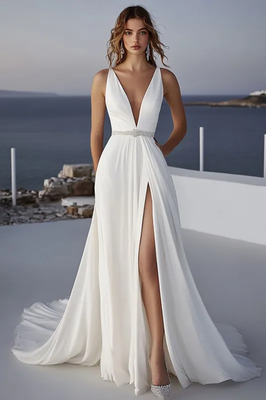 Ivory Ruched Chiffon A Line Wedding Dress With Slit sold by Zapaka