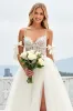 White A-Line Spaghetti Straps Bows Laced Tulle Long Bridal Dress With Slit sold by Zapaka