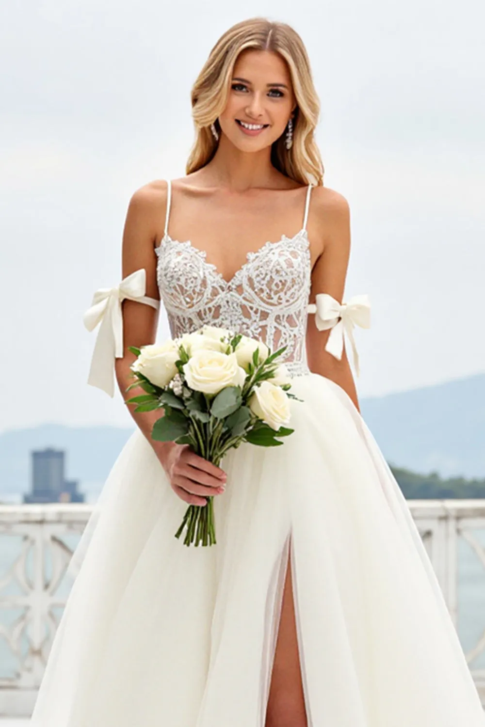 White A-Line Spaghetti Straps Bows Laced Tulle Long Bridal Dress With Slit sold by Zapaka product image thumbnail 3