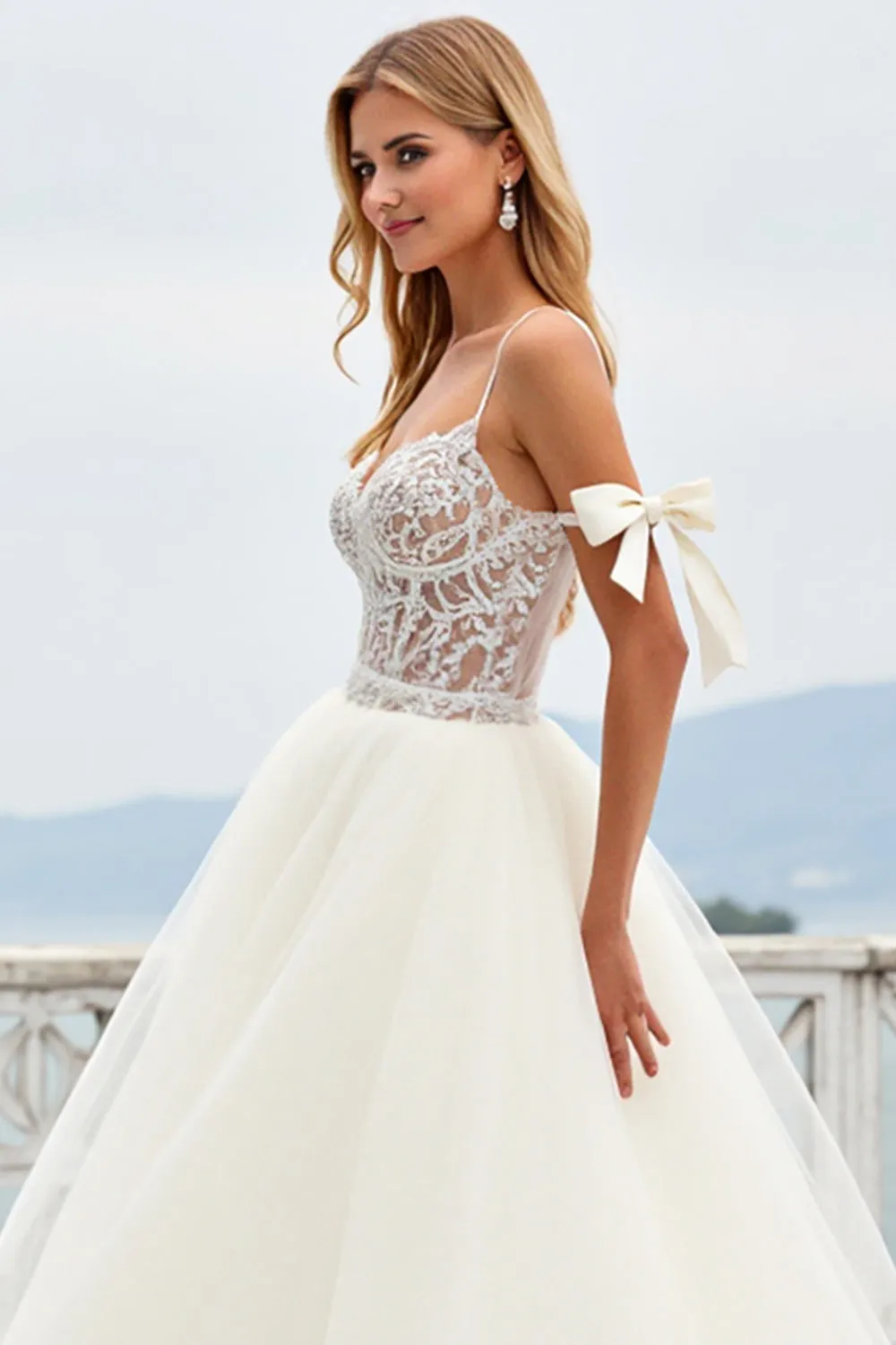 White A-Line Spaghetti Straps Bows Laced Tulle Long Bridal Dress With Slit sold by Zapaka product image thumbnail 4
