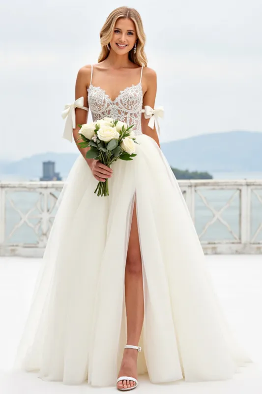 White A-Line Spaghetti Straps Bows Laced Tulle Long Bridal Dress With Slit sold by Zapaka