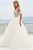 White A-Line Spaghetti Straps Bows Laced Tulle Long Bridal Dress With Slit sold by Zapaka